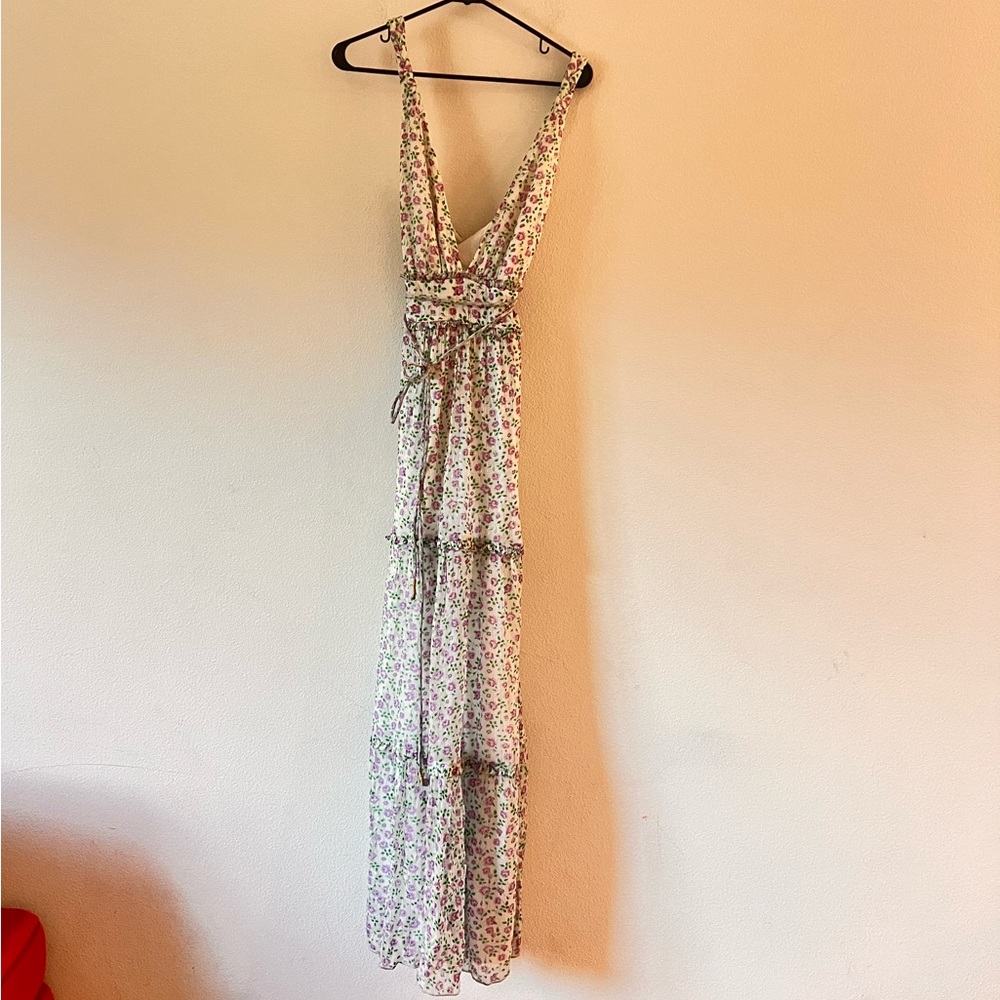 Tularosa Flora White Purple Floral Silver Accents Maxi Tiered Skirt Dress Small